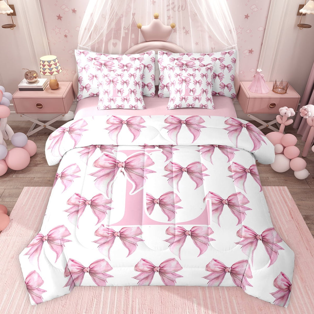 Feelyou Cartoon Pink Letter Twin Bedding Sets 7-Piece for Teen, Bowknot Monogrammed L Bedding Comforter Set, Watercolor Ribbon Reversible Sheet Sets, Super Cozy Room Decor