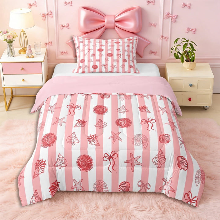 Erosebridal Girls Pink Ribbon Bow Twin Comforter Sets 3-Piece,Ocean Seashell Starfish Bedding Set for Teens Women,Pink Reversible,Microfiber Bedroom Decor