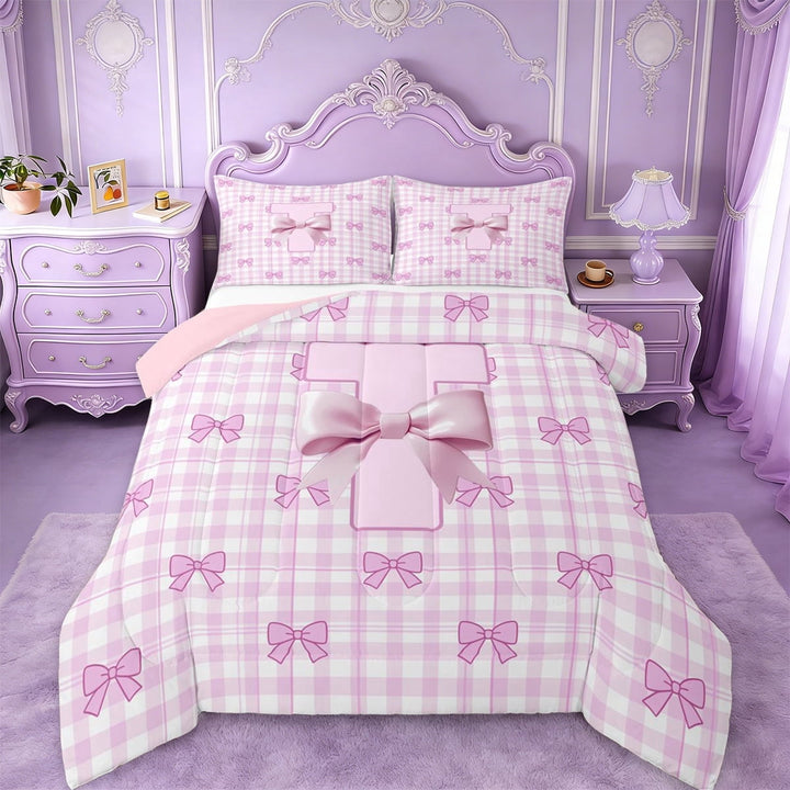 Erosebridal Chic Bow Tie Full Size Comforter Sets For Girls,Pink Grid Letter T Initial Monogram Bedding Sets,Pink Reversible,3 Pieces