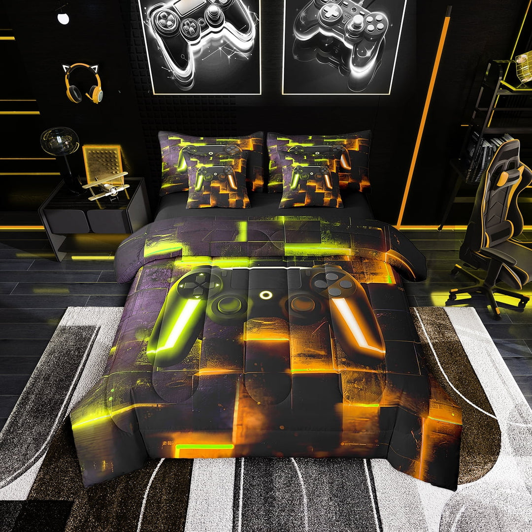 Gamer Gaming Bedding Twin Size 7-Piece Black Yellow Green Orange Comforter Set, Geometric Neon Checkered Bedding Comforter Sets Video Game Themed Bed in a Bag, Aesthetic Glowing Plaid Bedding