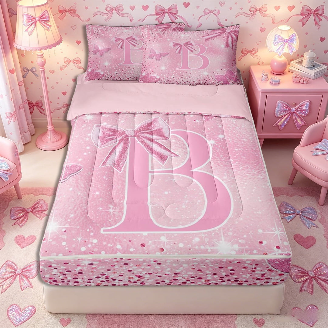 Meiyoeat Pink Glitter Initial B Zipper Twin Comforter Sets with Fitted Sheet and 2 Pillowcases, Flying Butterfly Zipper Bedding Set,4-Piece,Pink Reversible