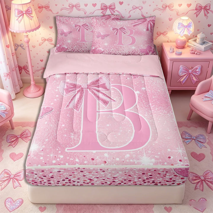 Meiyoeat Pink Glitter Initial B Zipper Twin Comforter Sets with Fitted Sheet and 2 Pillowcases, Flying Butterfly Zipper Bedding Set,4-Piece,Pink Reversible