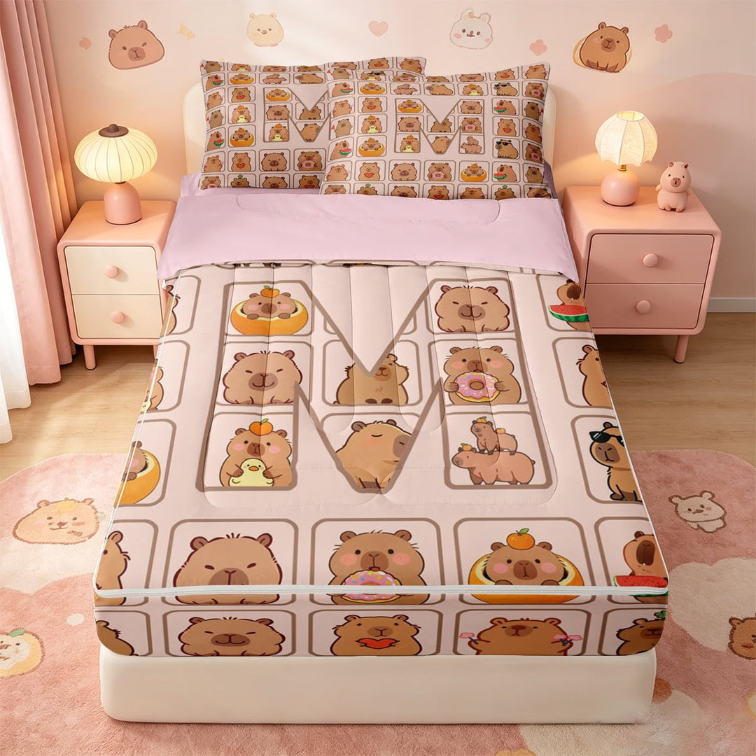 meiyoeat meiyoeat Capybara Alphabet Gifts Zipper Full Size Comforter Sets with Fitted Sheet and 2 Pillowcases,Cartoon Initial Letter M Zipper Bedding Set,Pink Reversible,4 Pieces