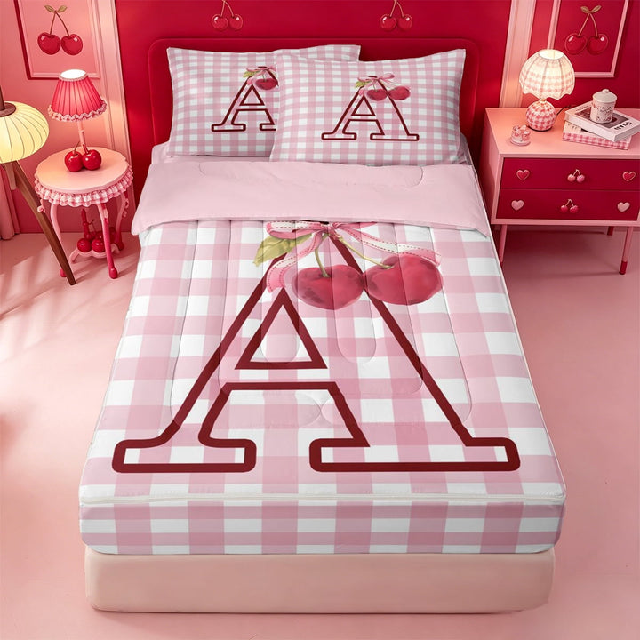 meiyoeat Pink Bow Cherry Monogram A Zipper Full Size Comforter Sets with Fitted Sheet and 2 Pillowcases,Classic Geometric Checkered Zipper Bedding Set For Girl,Pink Reversible,4-Piece