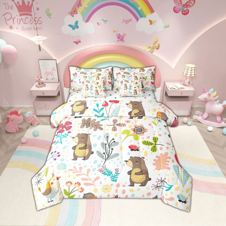 Erosebridal Bear Comforter Set 7 Piece Twin Cartoon Woodland Bear Bed In A Bag With Sheets Cute Leaves Flowers Animal Bedding Set,Jungle Birds Sheet Set With Comforter