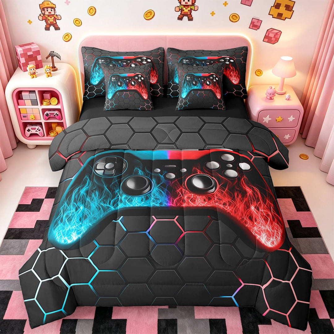 Manfei Game Console Bed in a Bag Twin Size,Gamer Gaming Bed Set,Blue Red Honeycomb Bedding Twin Size,Breathable Bedroom Decorative Reversible,7 Pieces