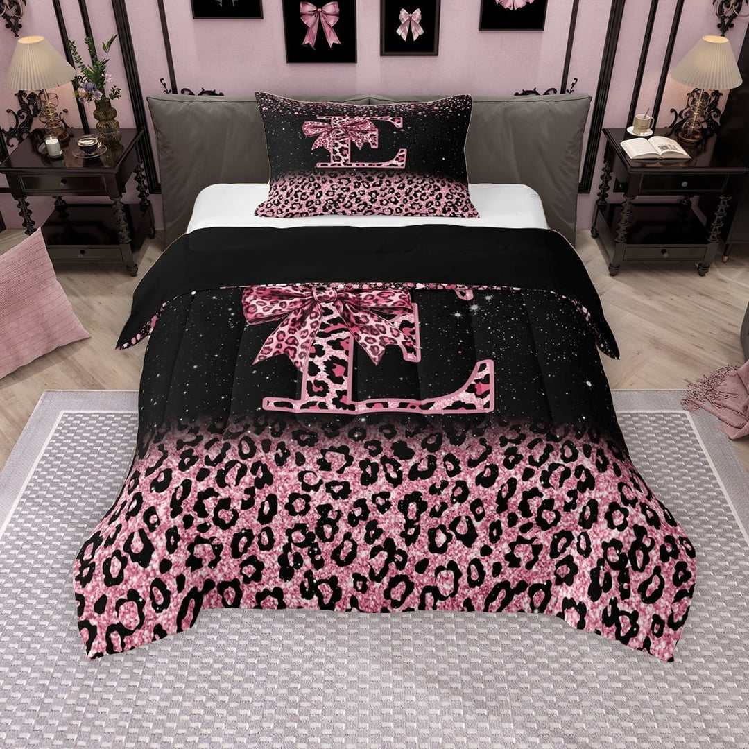 Erosebridal Cute Pink Leopard Print Twin Comforter Sets for Girls, Bowknot Letter E Bedding Set, Black Reversible 2-Piece, 1 Comforter and 1 Pillowcase