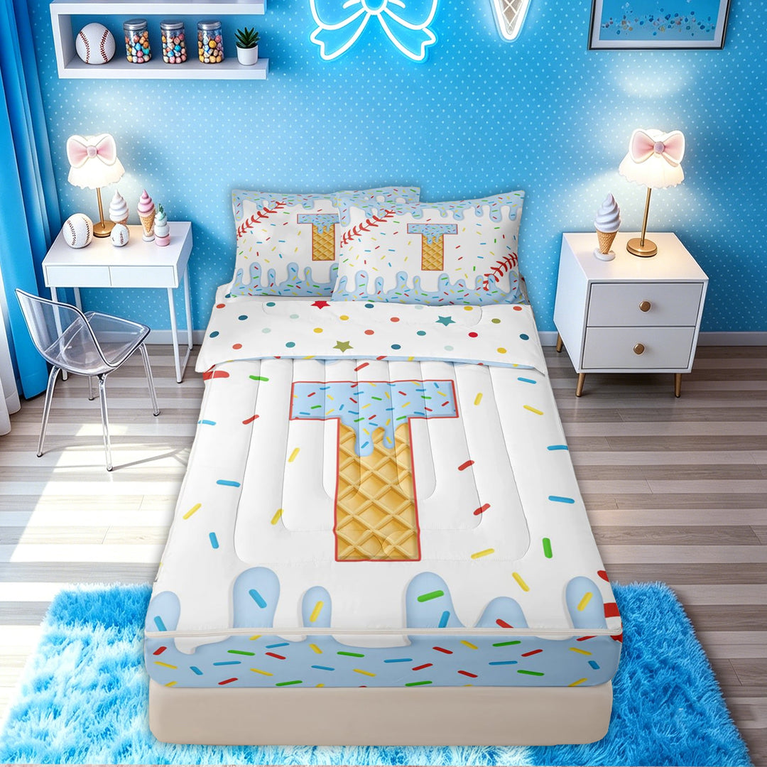 meiyoeat Ice Cream T Letter Zipper Full Size Comforter Sets with Fitted Sheet and 2 Pillowcases for Kids Boys Girls, Kawaii Sport Ball Initial T Zipper Bedding Set, Polkadot Reversible, 4-Piece