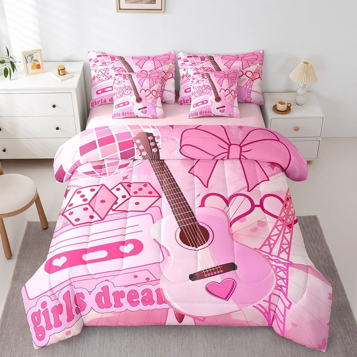Erosebridal Kawaii Guitar Bedding Sets Twin Size,Music Theme Comforter Sets with Sheets,Disco Ball Bed in a Bag Twin size,Microfiber Dreamy Bedroom Decorative,Reversible,7pcs
