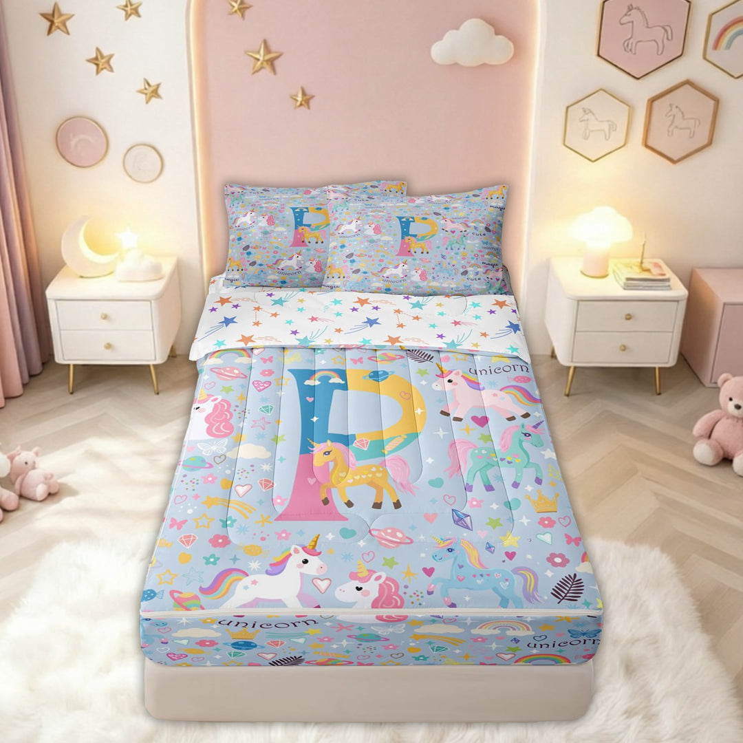 meiyoeat Cute Unicorn P Initial Zipper Comforter Set with Fitted Sheet and 2 Pillowcases for Kids, Cartoon Monogram Zipper Bedding Set, Blue Multicolor, Colorful Star Reversible, 3-Piece