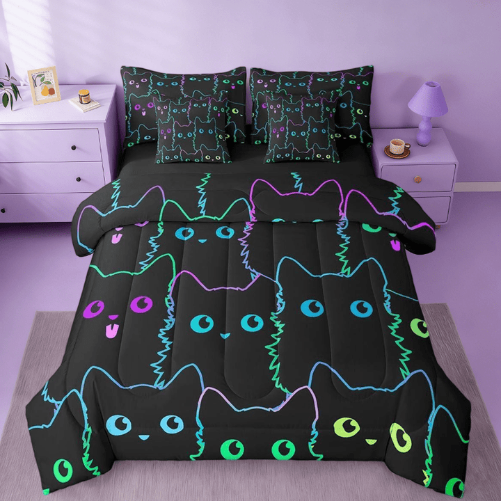 Manfei Cute Cat 7 Pieces Bedding Comforter Set,Cute Kitten Animal Colorful Full Bedding Set For Kawaii Cat Lover Reversible