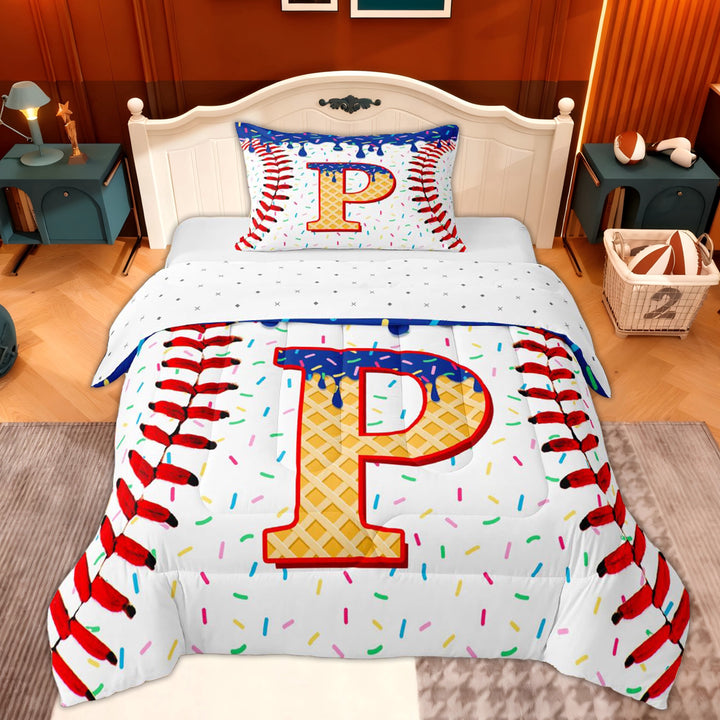 Erosebridal Kids Baseball Gaming Twin Comforter Sets, Cartoon Initial P Bedding Set, 2 Pieces