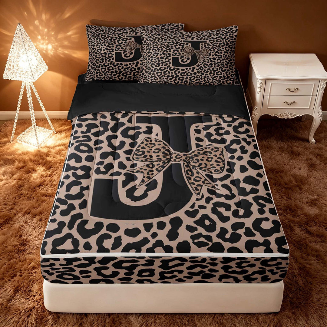 meiyoeat Leopard Print Bow Letter J Zipper Twin Comforter Sets with Fitted Sheet and 2 Pillowcases, Women Teens, Brown Animal Print Zipper Bedding Set, Black Reversible