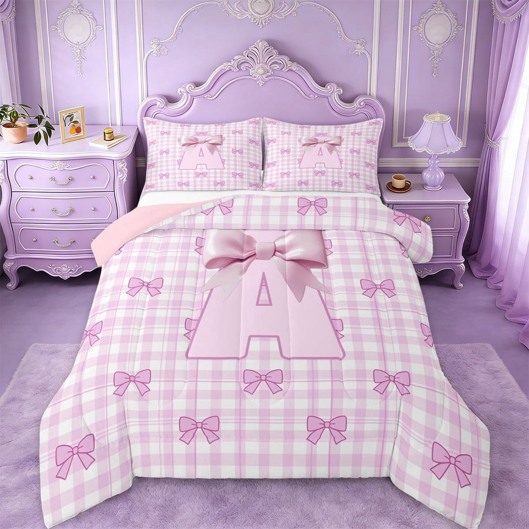 Erosebridal Pink Ribbon Bow Full Size Comforter Sets For Girls, Letter A Initial Kids Bedding Sets,Pink Reversible,3-Piece