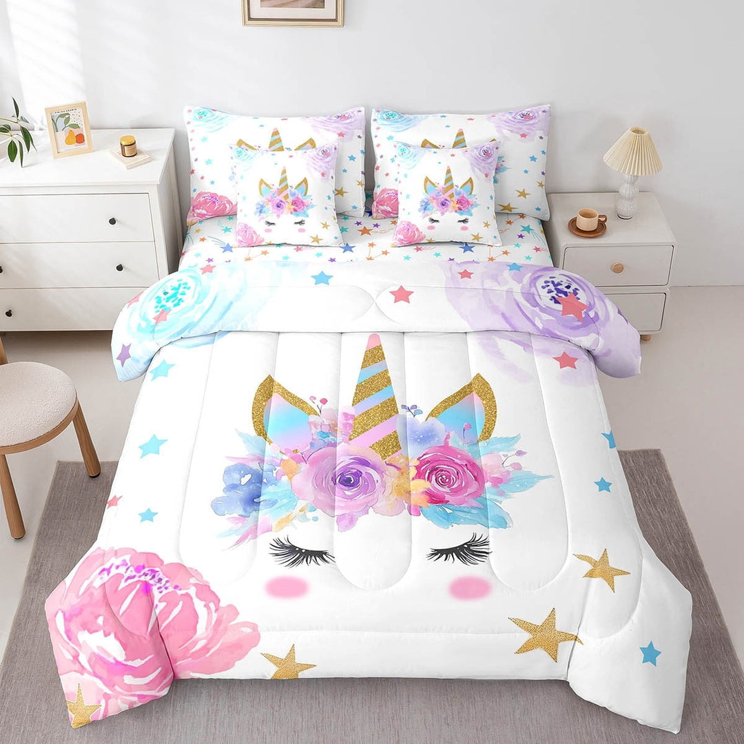 7 Piece Bed in a Bag Queen Size Comforter Set Flower Unicorn Bedding Set,Cartoon Unicorn Reversible Bed Set,Rainbow Unicorn Comforter with Sheet Set,All Season