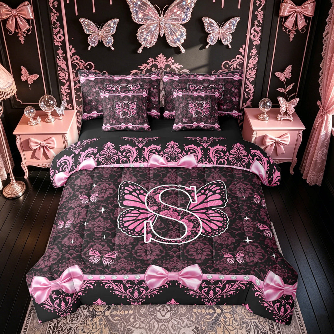Meiyoeat Damask Bow S Letter Bedding Comforter Set for Women Girls, Pink Black Diamond Butterfly King Bedding Sets, Black Reversible, 7-Piece