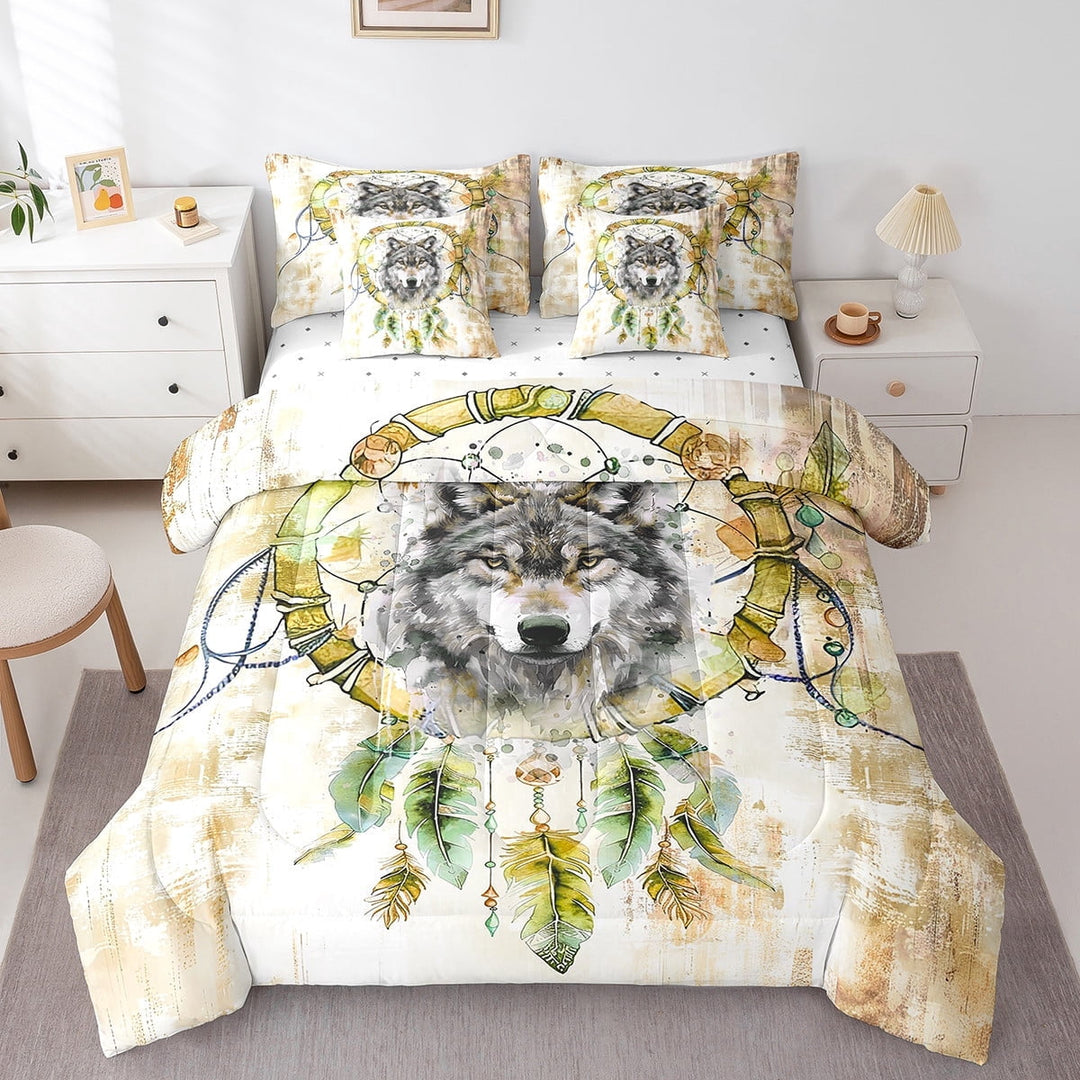 3D Wolf Bedding Comforter Sets 7pcs Boho Dreamcatcher Bed in a Bag,Jungle Animal Queen Bedding Sets Gold Watercolor Comforter Set,Oil Painting Aesthetic Bedding Sets &amp; Collections