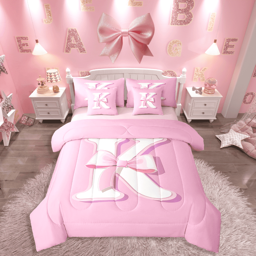 Manfei Kids Personalized Initial K 7pcs Full Bedding Set - Kawaii Pink Bow Princess Style