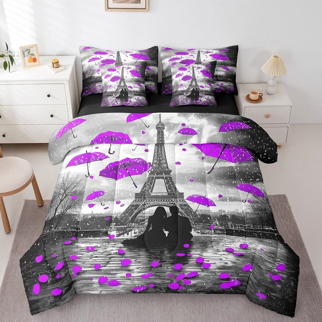 Purple Paris Bedding Set Queen 7 Pcs,French Eiffel Tower Bed in a Bag with Flat Fitted Sheet,Romantic Valentine&