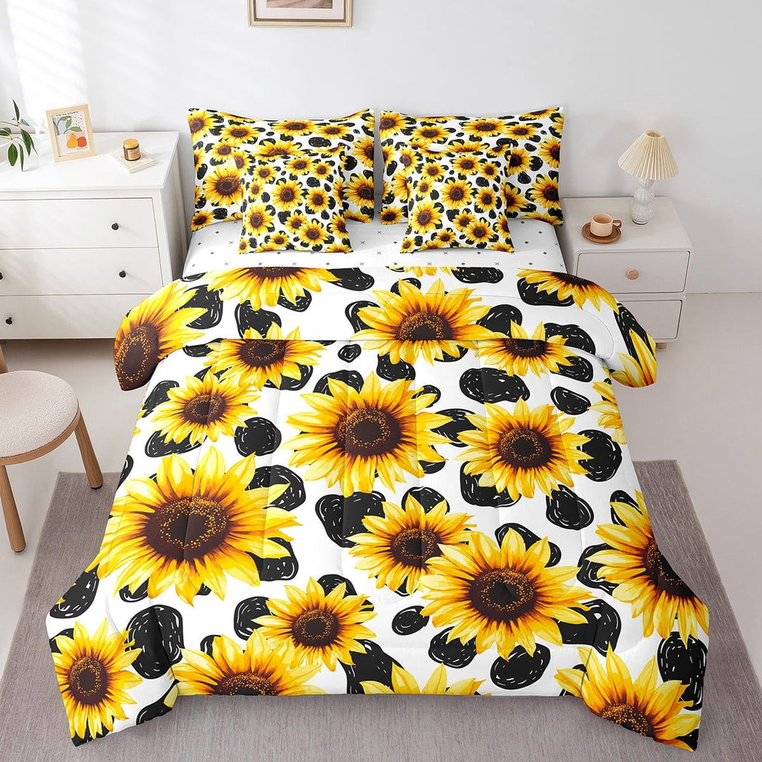 Erosebridal Cow Print Bed In A Bag King Size,Golden Flower Bedding Sets King Size,Floral Decoration,Super Cozy,7 Pieces