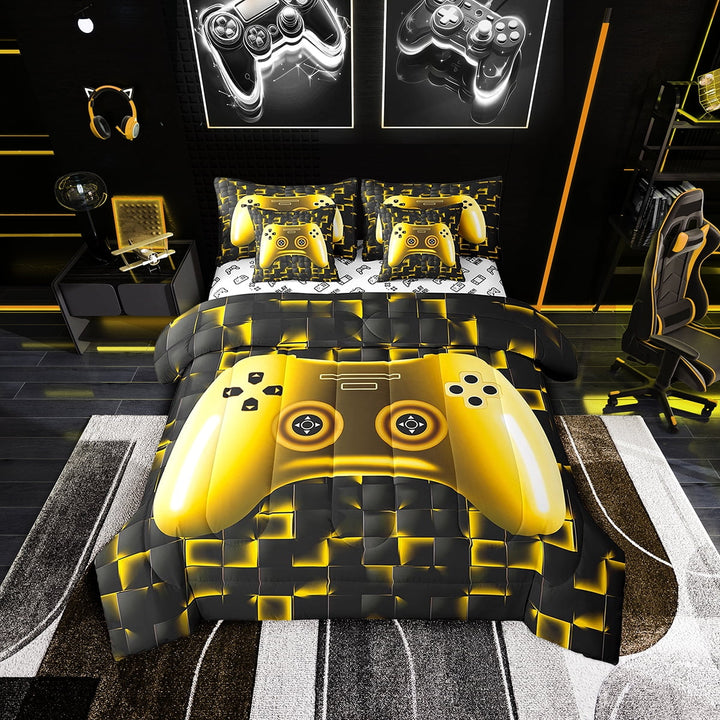 Gaming Bedding Twin 7pcs, Black and Yellow Comforter Set, Gamepad Reversible, Bedroom Decor for Teen
