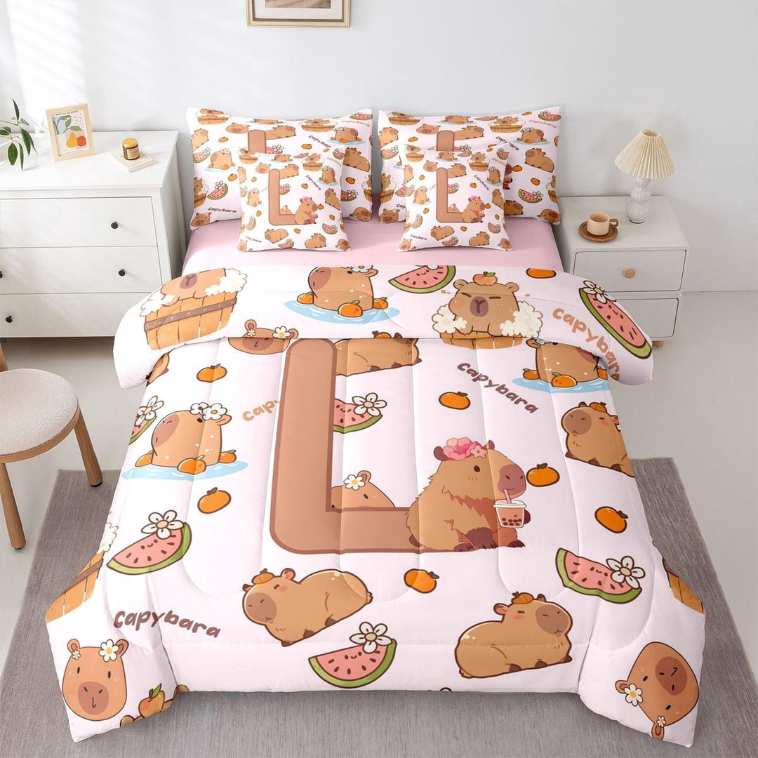 Erosebridal Kawaii Capybara Letter Monogrammed L Twin Bedding Sets 7-Piece For Boys Girls,Cute Food Fruit Food Animal Bedding Comforter Set For Kids,Pink Reversible
