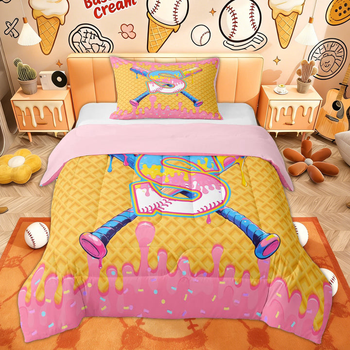 Erosebridal Kid Baseball Letter S Twin Comforter Sets, Cartoon Ice Cream Drip Bedding Set, Pink Reversible, 2pcs
