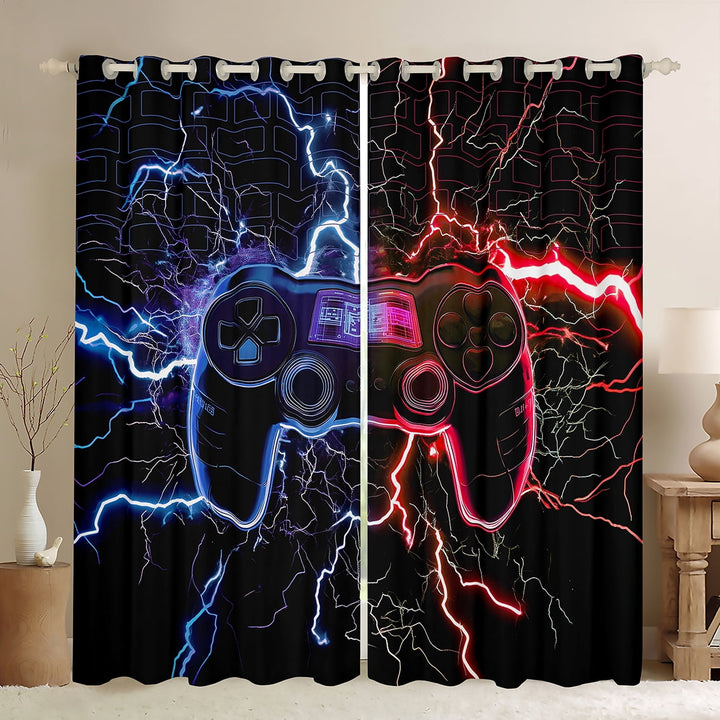 Erosebridal Teens Gamepad Curtains for Living Room, Futuristic Lightning 30%-50% Blackout Curtains Set of 2 (38x54), Blue Red 30%-50% Black Out Curtains, Window Curtains Room Decoration
