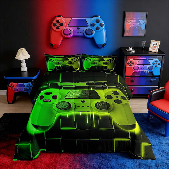 Green Yellow Gaming Full Size Comforter Sets - Gamer Comforter Full Size Bedding Set, Neon Lights Abstract Geometry Design Gamer Room Decor