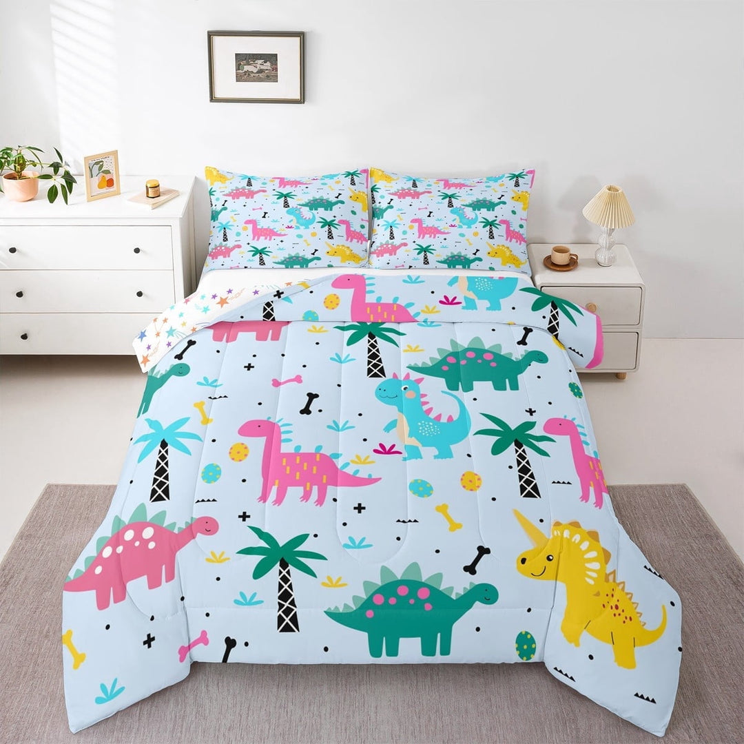 jejeloiu Cute Dinosaur Queen Comforter Set,Zoo Animal Bedding Sets,Blue Pink Green Bedding Comforter Set For Boys,Ultra Soft Room Decoration Reversible,3 Pieces