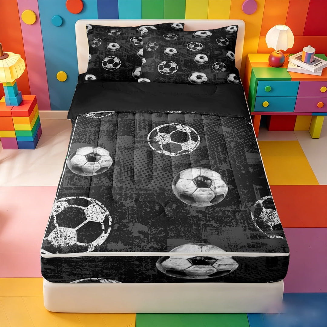 meiyoeat Vintage Graffiti Football Pattern Zipper Twin Comforter Sets with Fitted Sheet and 2 Pillowcases For Kids,Boys Ball Games Zipper Bedding Set For Soccer Lovers,Black Reversible,4 Pieces