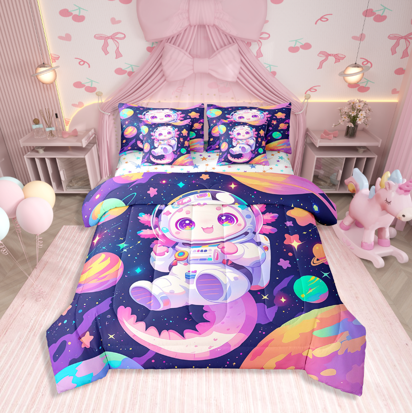 Erosebridal Animal Axolotl Bedding Sets Twin Size,Cartoon Starss Comforter Sets With Sheets,Starry Sky Decoraiton,Reversible,Breathable,7Pcs