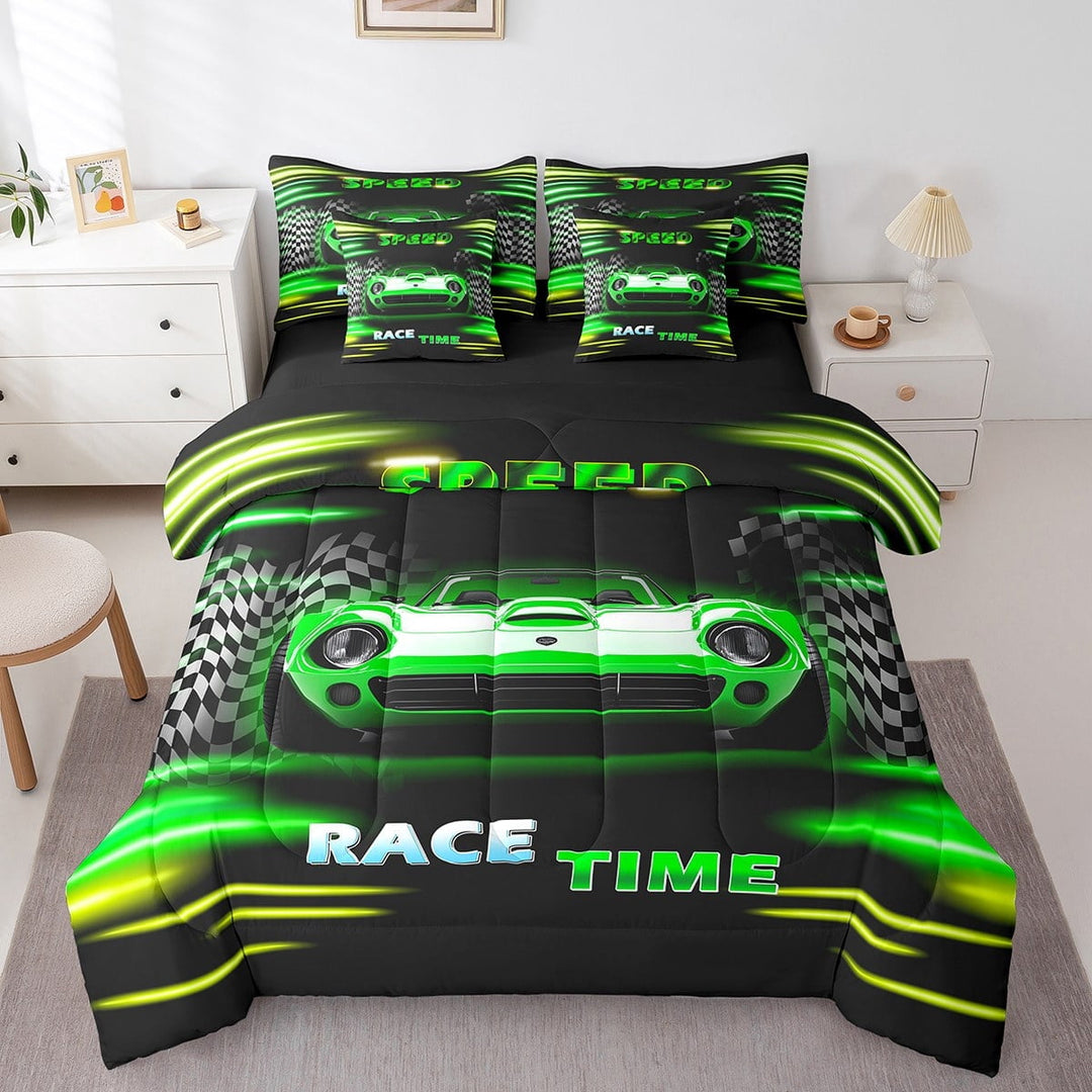 Erosebridal Sport Car Bedding Sets Twin Size,Buffalo Plaid Comforter Sets with Sheets,Extreme Sport Bed in a Bag Twin size,Microfiber Car Room Decorative,Reversible,7pcs