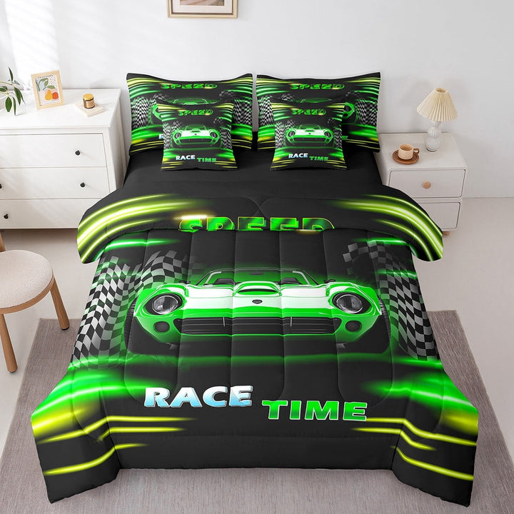 Erosebridal Sport Car Bedding Sets Twin Size,Buffalo Plaid Comforter Sets with Sheets,Extreme Sport Bed in a Bag Twin size,Microfiber Car Room Decorative,Reversible,7pcs