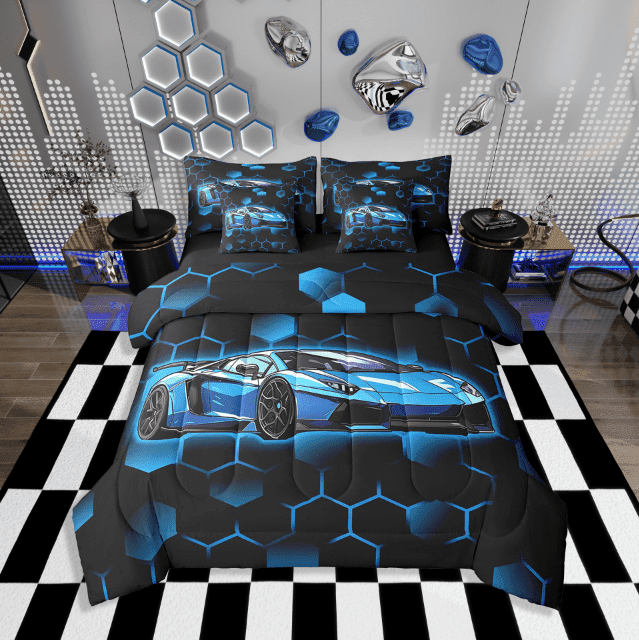 Erosebridal Motorbike Dirt Bike Bedding Sets Twin Size,Geometry Gradient Honeycomb Comforter Sets with Sheets,Neon Red,Reversible,Breathable,7-Piece