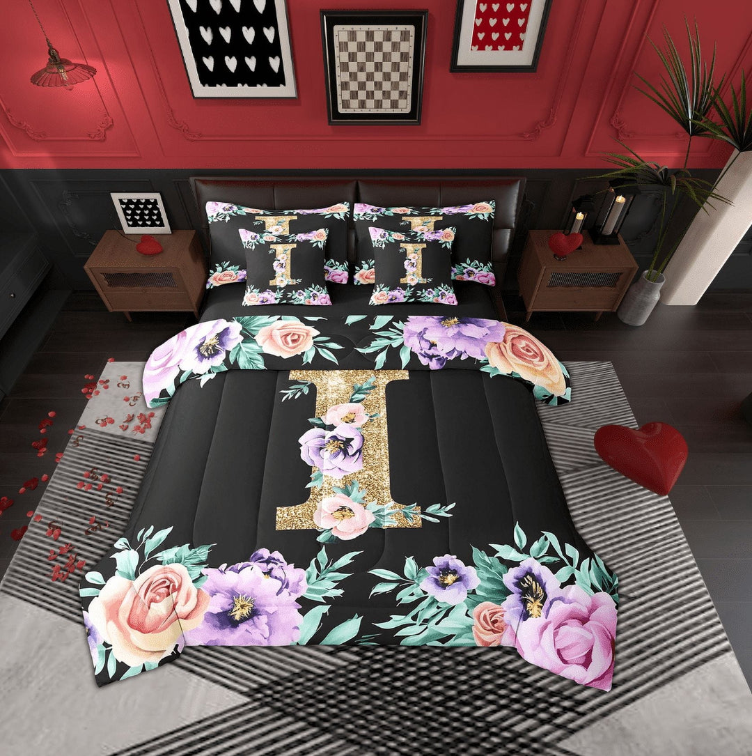 Erosebridal Initial A to Z Letter Bedding, Monogrammed I Bed in a Bag, Chic Flower Reversible Bed Set, Super Cozy Room Decoration, 7-Piece
