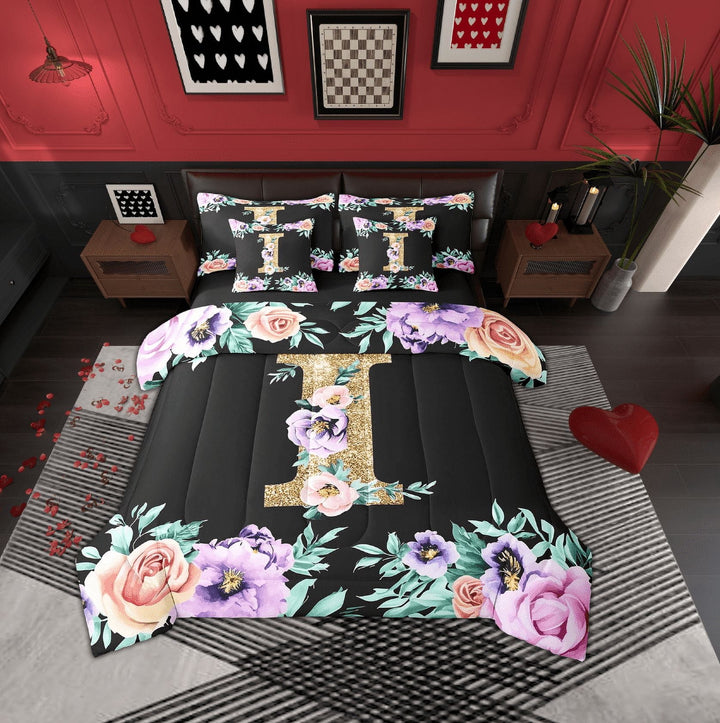Erosebridal Initial A to Z Letter Bedding, Monogrammed I Bed in a Bag, Chic Flower Reversible Bed Set, Super Cozy Room Decoration, 7-Piece