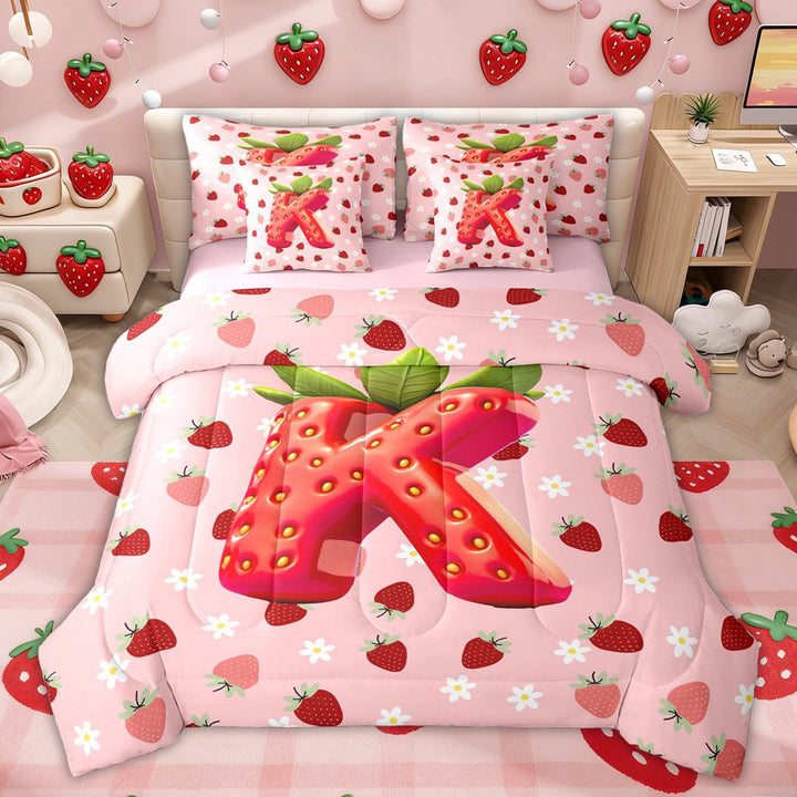 Erosebridal Strawberry Letter K Twin Bedding Sets for Kids, Pink Flower Floral Bedding Comforter Set, Pink Reversible, 7-Piece