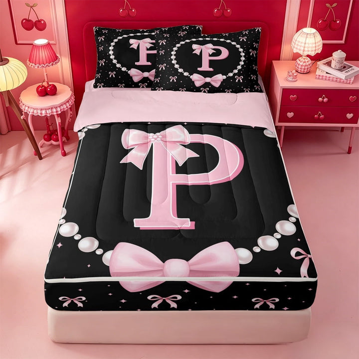 meiyoeat Pink Ribbon Bowknot Zipper Twin Comforter Sets with Fitted Sheet and 2 Pillowcases For Girls,Lovely Bowtie Alphabet Print P Zipper Bedding Set For Kids,Pink Reversible,4 Pieces
