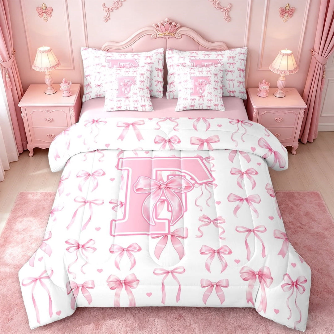 Manfei Letter F Monogram 7 Pieces Bedding Comforter Set For Girls,Cute Pink Bow Full Bedding Set For Kids,Pink Reversible