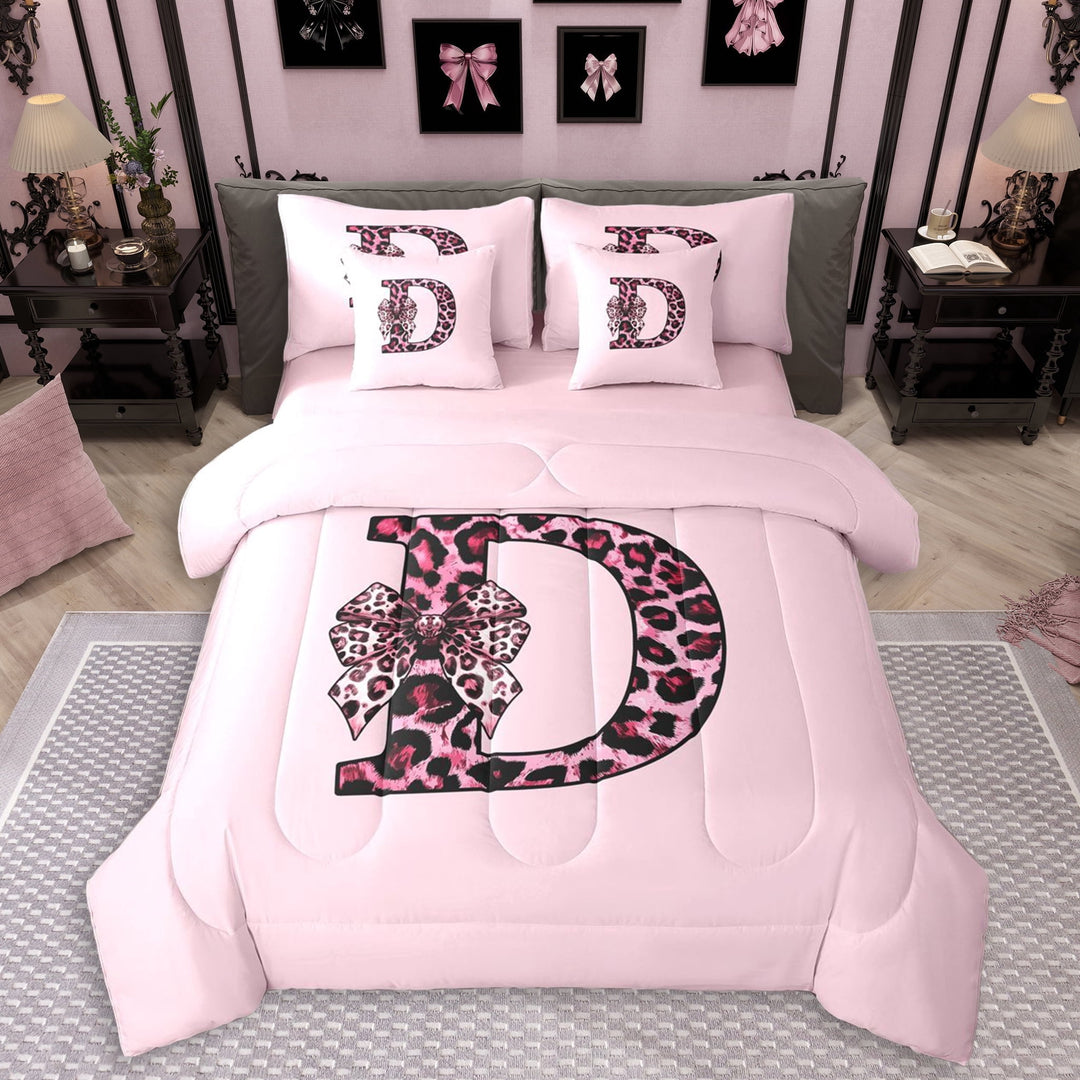 Erosebridal Girls Black Pink D Letter Monogrammed Twin Bedding Sets 7-Piece,Kids Cheetah Print Bow Tie Bedding Comforter Set,Pink Reversible