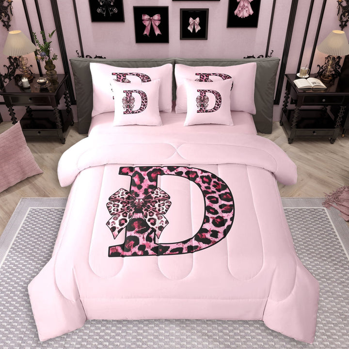 Erosebridal Girls Black Pink D Letter Monogrammed Twin Bedding Sets 7-Piece,Kids Cheetah Print Bow Tie Bedding Comforter Set,Pink Reversible