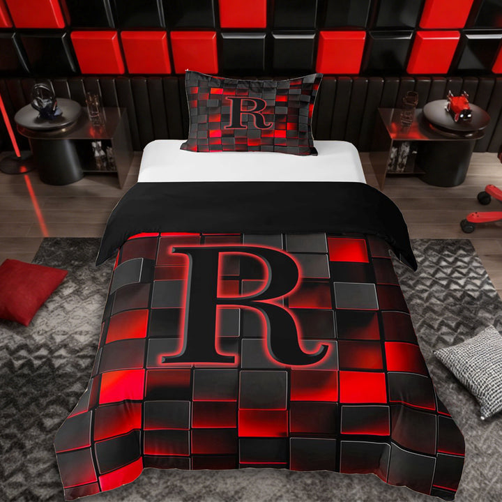 Erosebridal Girls Boys Neon Lights Futuristic Cubes Twin Bedding,R Letter Monogrammed Black Red Duvet Cover Set For Kids Teens,Black Reversible,2pcs,No Comforter