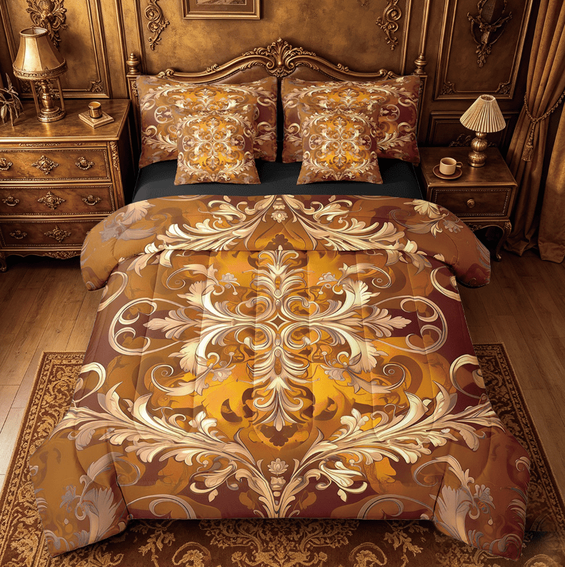 Erosebridal Boho Damask Bed in a Bag Queen Size,Baroque Floral Style Bed in a Bag Queen Size,Gold Orange Gothic Theme Bedding Queen Size For Teens,Ultra Soft Room Decoration Reversible,7 Pieces