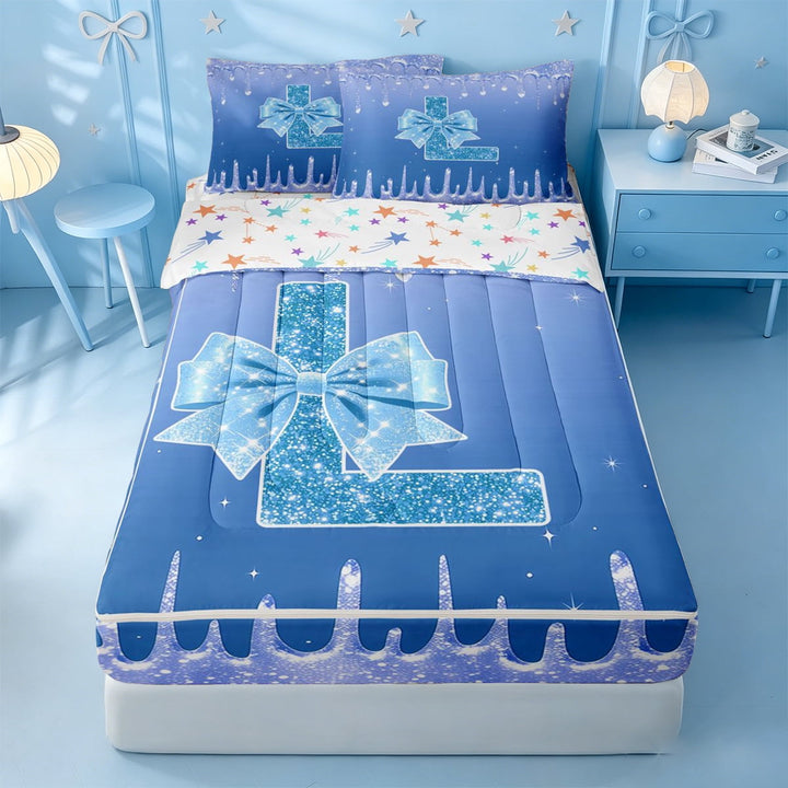 meiyoeat Cute Coquette Bow Zipper Twin Comforter Sets with Fitted Sheet and 2 Pillowcases,Blue Sparkling Cream Print Initial L Zipper Bedding Set For Girl,Colorful Stars Reversible,4-Piece