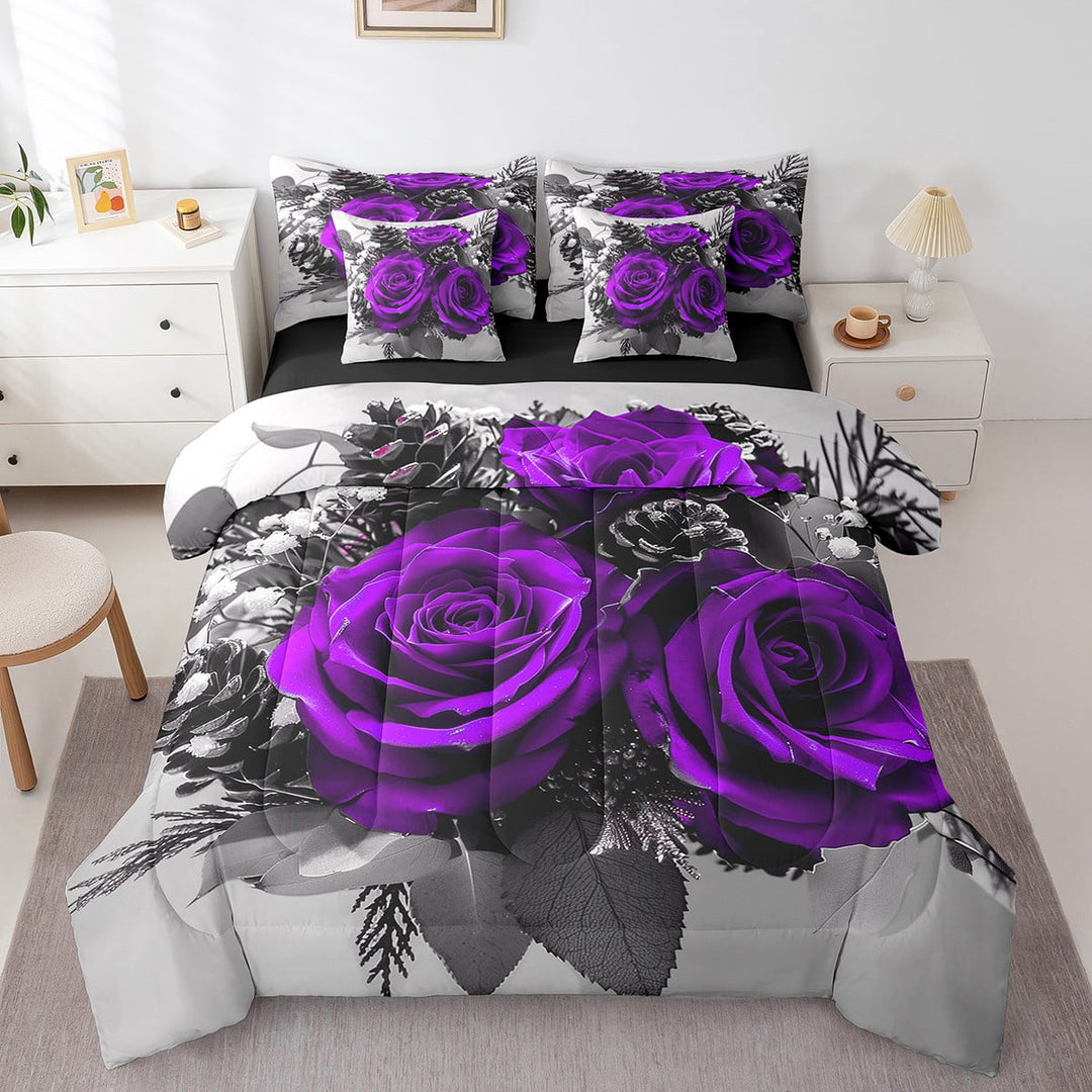 Rose Floral 7 Pcs Bed in a Bag Queen Size, Women Purple Rose Comforter Set,Romantic Botanical Flowers Fitted Sheet,Famrhouse Style Bedding,3D Printed Blossom Quilt Set Reversible