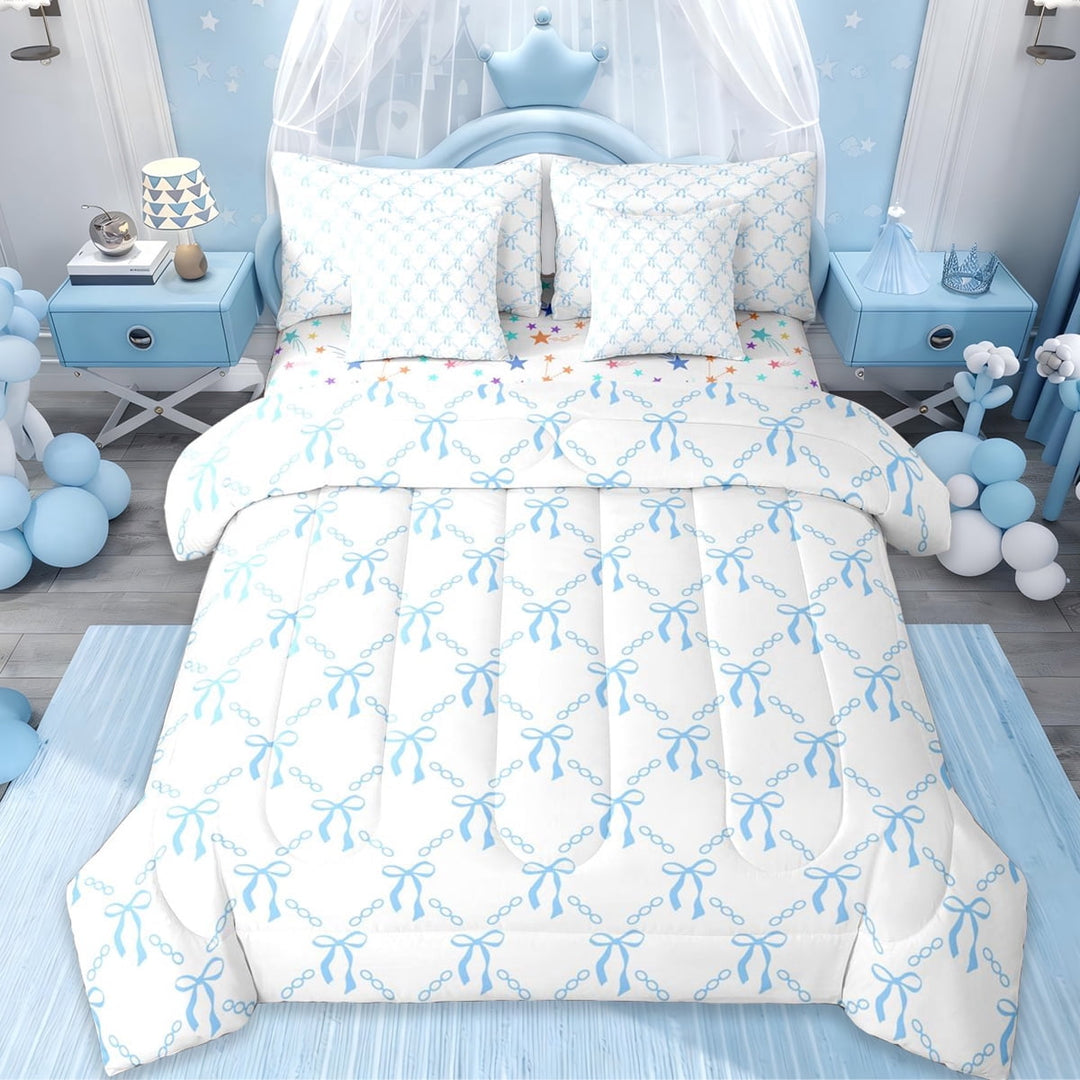 Erosebridal Kawaii Bowknot Dreamy Princess 7-Piece Twin Bedding Sets For Bows Lovers,Kawaii Bowknots Bow Tie Bedding Comforter Set,White Blue,Reversible
