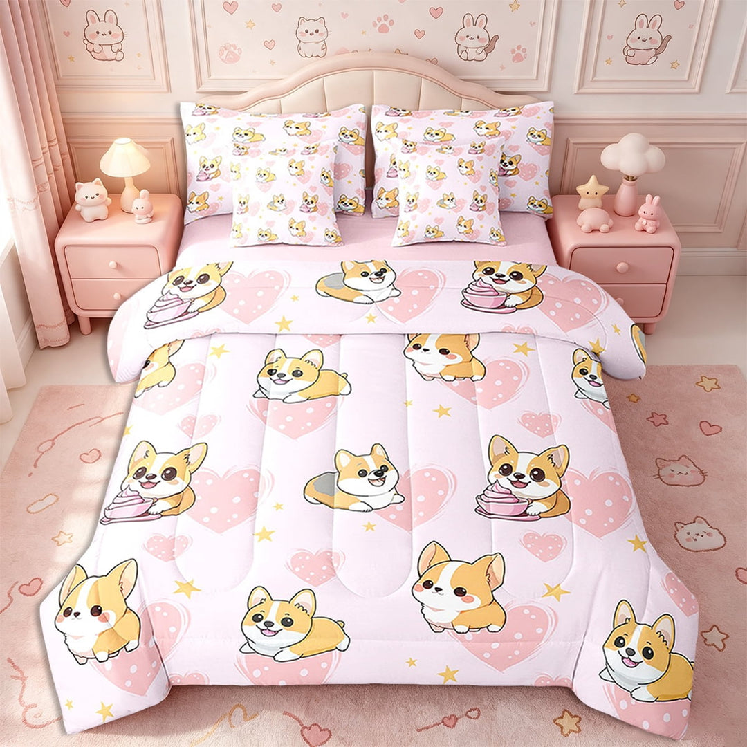 Erosebridal 7 Pieces Kawaii Dogs Twin Bedding Sets for Girls,Cartoon Corgi Dog Comforter Sets for All Season,1 Comforter,2 Pillow Shams,1 Flat Sheet,1 Fitted Sheet,2 Pillowcases