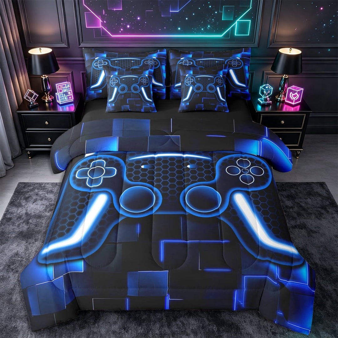 Erosebridal Gamer Bedding Set Blue Game Twin Comforter Set 7 Piece Teens Boys Bedroom Decor Gaming Ombre Bed In A Bag Neon Geometric Square Grid Sheet Set with Comforter,Soft