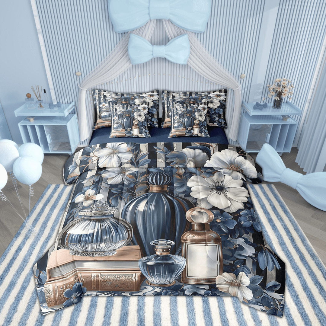 7 Piece Blue Floral Comforter Set Black White Blue Stripe Bed In A Bag Full Size Modern Fashion Bed Set Women Romantic Makeup Themed Sheet Set Perfume Print Bedding Fitted Sheet